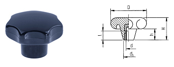 C01 Poignée à 6 lobes DIN 6336 en thermodurcissable noire, avec douille en laiton