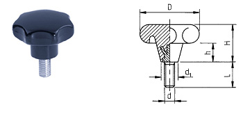 C02 star handle DIN 6336 made of black duroplastic, with thread made of galvanized steel