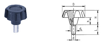 C06 star handle made of black thermoplastic, with galvanized threaded bolt