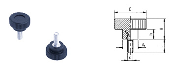 D01 knurled knobs made of black thermoplastic, with galvanized threaded bolt