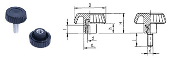D03 knurled knobs made of thermoplastic black, brass bushing / threaded bolt galvanized
