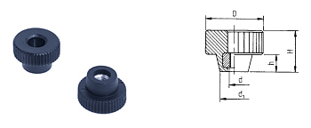 D04 knurled knobs made of black thermoplastic, continuous threaded bushing, galvanised 