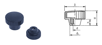 D05 combination knurled knobs made of black thermoplastic, with galvanised 6Kt nut