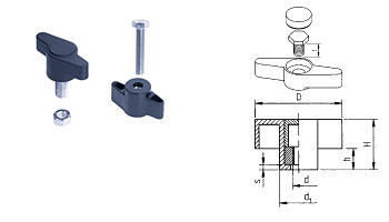 E02 combination wing screw made of black thermoplastic, galvanized nut or screw