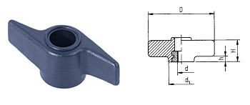 E05 wing nut made of black thermoplastic, with galvanized threaded bushing