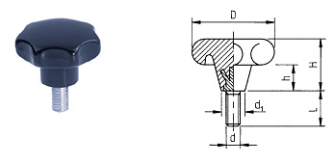 C02 Sterngriff DIN 6336, aus Duroplast schwarz, mit Gewinde aus Stahl verzinkt